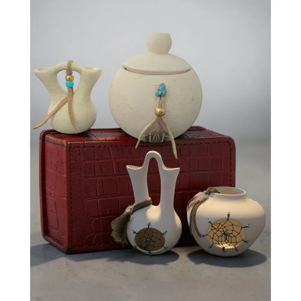 Southwestern Pottery Decor Set Dreamcatcher Feather Vases & Lidded Jar 4 Pieces